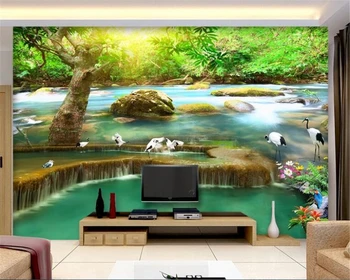 бейбеханг Изготовленный на заказ красивый солнечный лес водопад журавль Ксанаду фреска обои диван телевизор фон стены papel de parede