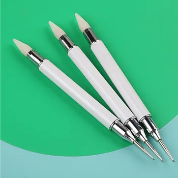 Белая двусторонняя точечная ручка для выбора заклепок из горного хрусталя Восковой карандаш с ручкой из хрустальных бусин Инструмент для дизайна ногтей
