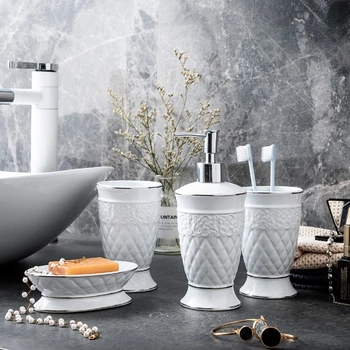 Белый керамический набор для ванной комнаты, чашка для полоскания рта, набор из 4 комплектов высококлассных подарочных принадлежностей для ванной комнаты, дома и быта