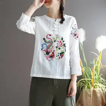 Блузка, женские хлопчатобумажные льняные рубашки, женские топы, повседневная китайская винтажная вышивка Феникса с длинным рукавом
