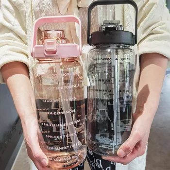Бутылка для воды объемом 2 л с соломинкой Для женщин и девочек, большие портативные бутылки для путешествий, Спортивная чашка для фитнеса, Летняя холодная вода со шкалой времени