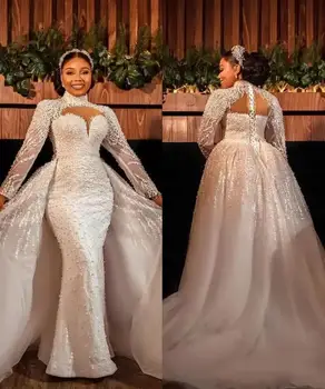 Великолепные свадебные платья Русалки 2023 года со съемным шлейфом, высоким вырезом и длинным рукавом, расшитые бисером, Свадебные платья Vestido De Novia