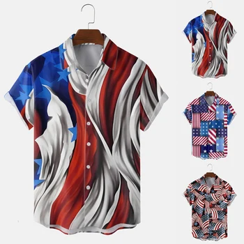 Весенне-летнее мужское празднование Дня независимости Повседневная винтажная повседневная рубашка оверсайз с частичным принтом и потертостями, однотонные рубашки
