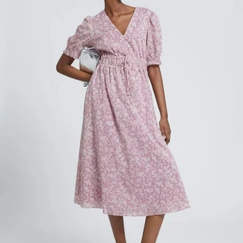 Весенне-летнее новое женское длинное платье с V-образным вырезом и цветочным шнурком на талии с пышными рукавами
