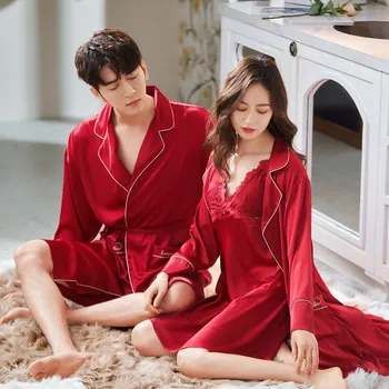 Весенне-летняя пижама из ледяного шелка для влюбленных, женская корейская версия кружевного сексуального халата на бретельках, два комплекта мужской одежды silkhome для мужчин.