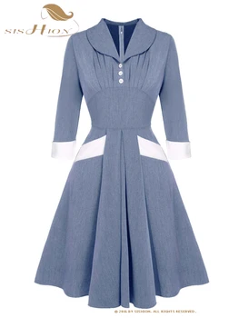 Весеннее женское джинсовое синее платье SISHION с рукавом 3/4, VD3809, ретро Винтажные пуговицы, складки, элегантные вечерние платья 50-х годов