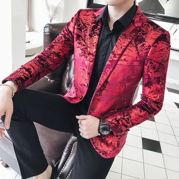 Весна-осень 2021, европейский стиль, уникальный мужской костюм с красным рисунком, красный повседневный Тонкий бархатный костюм с принтом для мужчин M-5XL