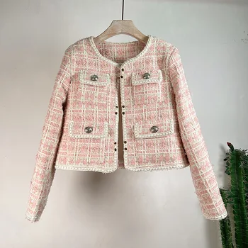 Взлетно-посадочная полоса, осень-весна, винтажный Сине-розовый шерстяной твидовый жакет, женские пальто с карманами, женская блузка Casacos Высокого качества