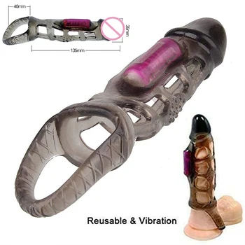 Вибрирующий удлинитель рукава пениса, кольцо для члена, мужское усовершенствование, стимуляция влагалища с твердой головкой, Многоразовые секс-игрушки в презервативах для пары