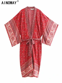 Винтажный шикарный женский халат с цветочным принтом, рукавом 