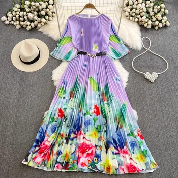 Высококачественное 2023 Элегантное летнее плиссированное платье Макси с цветочным принтом, женское платье с круглым вырезом и расклешенными рукавами, свободные длинные платья для пляжного отдыха