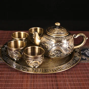 Высококачественный бронзовый чайный сервиз с драконом и Фениксом, бытовой полный набор чайного сервиза, 1 чайник, 4 чайные чашки, 1 поднос