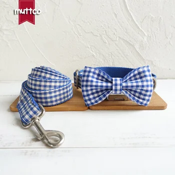 Высококачественный персонализированный ошейник MUTTCO с галстуком-бабочкой в синюю вкусную клетку, симпатичный регулируемый ошейник для собак и поводок 5 размеров UDC046