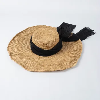 Вязаный крючком ремешок, соломенная шляпа с большими полями из лафита для женского туризма на открытом воздухе, пляжная защита от солнца