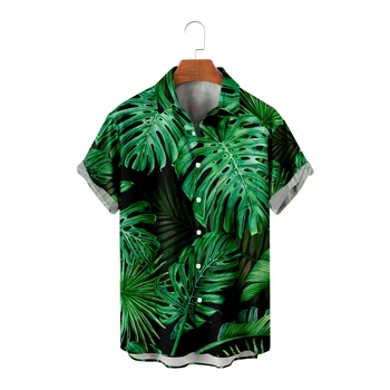 Гавайские рубашки для мужчин, летние топы с принтом листьев, рубашки с коротким рукавом, прохладное лето, Винтажная Дышащая