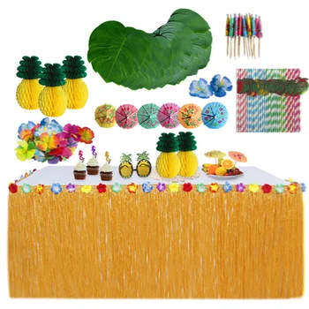 Гавайский тропический Луау Набор украшений для вечеринки из гавайской травы Луау, юбка для стола, Пальмовые листья, Зонтики, Бумажный ананас
