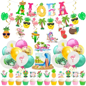 Декор для Гавайской вечеринки Розовый Фламинго, Ананас, Кокосовая пальма, баннер, лист черепахи, воздушный шар, декор для вечеринки Happy Tropical Hawaii Aloha