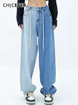 Джинсы CHICEVER Colorblock в стиле пэчворк с завязками Для женщин, присборенная талия, Модные минималистичные джинсовые брюки, Женская одежда Свободного кроя, Новинка