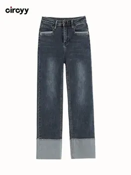 Джинсы Женские джинсовые с высокой талией, Тонкие лоскутные брюки длиной до щиколоток, уличная одежда Y2K, Весна 2023, Новые прямые винтажные выстиранные джинсы,