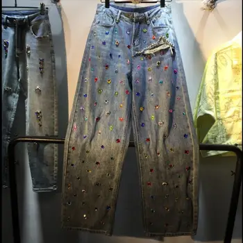 Джинсы с высокой талией, вышитые вручную бриллиантами, расшитые бисером, Женские свободные прямые джинсовые брюки для похудения, весенние брюки 2023 года, w575