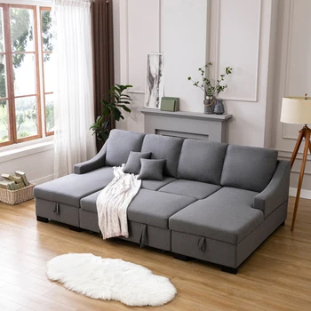 Диван-кровать с обивкой, секционный диван-кровать с двумя местами для хранения, диван для гостиной, 2 раскладные подушки, серый