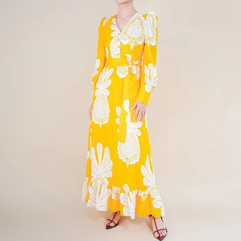 Дизайнерское платье для подиума, женские элегантные платья Макси с V-образным вырезом и длинным рукавом желтого цвета в цветочек 2023, винтажная весенне-летняя одежда