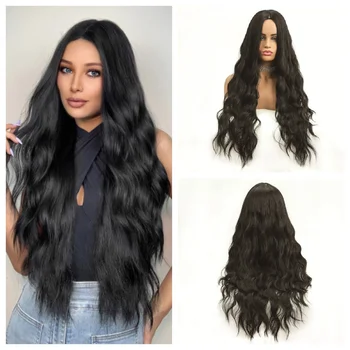 Длинные черные синтетические парики из натуральных волнистых волос из термостойкого волокна, повседневное использование средней части, парики естественного вида для модных женщин