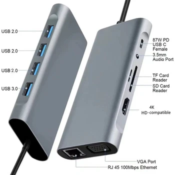 Док-станция расширения 11 в 1, совместимая с 4k HDMI док-станция USB C, скорость передачи данных 5 Гбит/с, адаптер для чтения карт TF/SD для ноутбука
