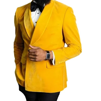 Желтые бархатные мужские двубортные костюмы из 2 предметов для вечеринки, смокинг для жениха, мужской модный комплект, блейзер с черными брюками