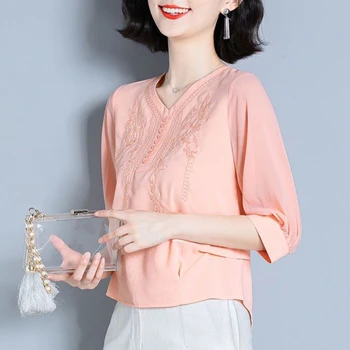 Женская Асимметричная элегантная блузка с вышивкой стразами, Летняя модная офисная леди, повседневные рубашки с V-образным вырезом и рукавом 3/4, однотонные Шикарные топы