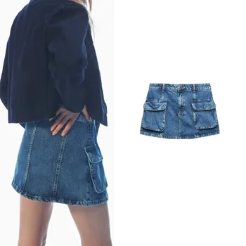 Женская весенне-летняя новинка с эффектом стирки, высокая талия, узкая юбка-трапеция с карманом, мини-джинсовая юбка в стиле ретро с инструментами