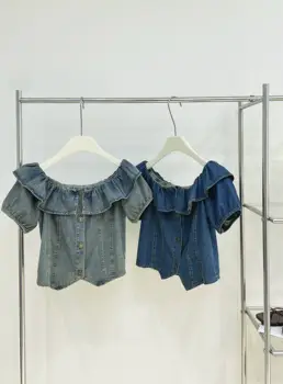 Женская джинсовая рубашка с открытыми плечами, летняя Однобортная короткая блузка с коротким рукавом, облегающие джинсовые топы в корейском стиле