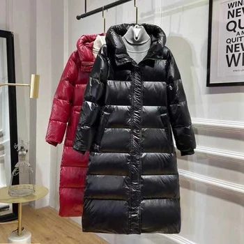 Женская длинная пуховая куртка выше колена, зимняя новая яркая Корейская тонкая пуховая куртка с капюшоном, модное женское теплое пальто из Белого утиного пуха