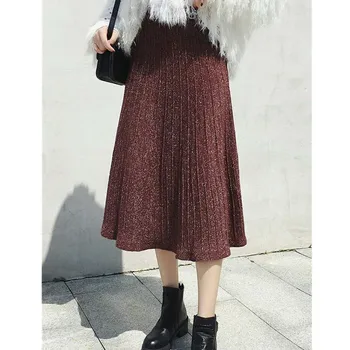 Женская зимняя длинная вязаная юбка с высокой талией, осенняя Корейская мода, блестящие плиссированные юбки, длина миди, однотонное платье