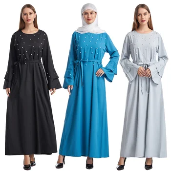 Женская одежда 2023 года, Новый стиль, Ближний Восток, Дубай, Великолепный круглый вырез, пояс с длинным рукавом, мусульманские весенние и осенние платья Abaya