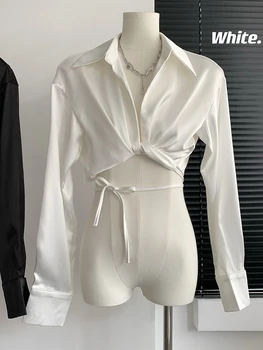 Женская однотонная укороченная рубашка в стиле ретро 2000-х, длинный рукав, лацкан, Мягкая уютная верхняя рубашка, женская короткая одежда с завязками, Y2K, Винтажный шик