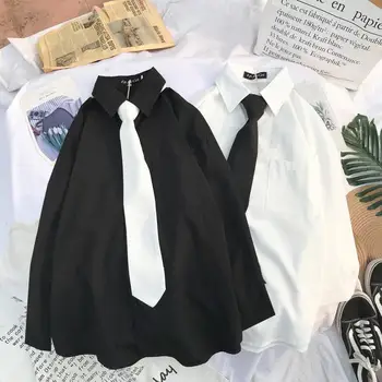 Женская осенняя Свободная студенческая блузка с длинным рукавом, рубашка, Белая, черная, с отложным воротником, женские повседневные винтажные топы большого размера, Мокиджины