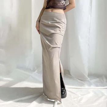 Женская юбка-карго с рюшами и боковым разрезом Y2k, плиссированная, с высокой талией, Серая, на молнии, в уличном стиле, ретро, Тонкая Юбка Макси, Женская мода 2023 года
