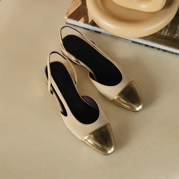 Женские босоножки из натуральной кожи топового дизайна 2023 года, золотистая повседневная обувь с круглым носком.