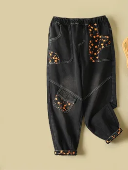 Женские джинсы контрастного цвета, осень-весна, 2022, Цветочный принт, Карманы, Эластичный пояс, повседневные джинсовые женские брюки в стиле ретро, женские
