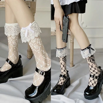 Женские носки из тонкого стекловолокна с оборками, кружевные чулочно-носочные изделия с бантом, сетчатые чулочно-носочные изделия горничной 37JB