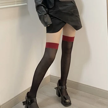 Женские шелковые чулки до бедра в стиле пэчворк с цветными блоками и красной широкой полосой, прозрачные носки выше колена в горошек, нижнее белье 37JB