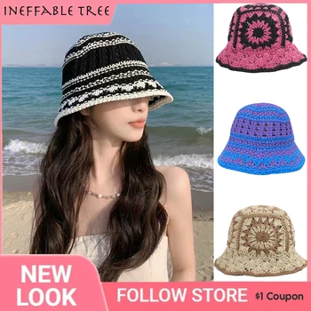Женские шляпы-ведерки из японской соломы с цветочным узором, связанные крючком, весенне-летние пляжные шляпы с зонтиком, складная Полая кепка, Розовая панама