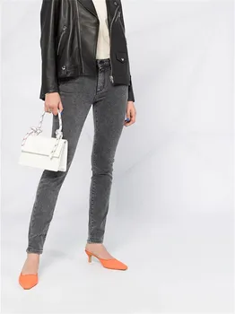 Женские эластичные брюки с высокой талией и набедренной повязкой 2023, Весна-лето, новые женские универсальные джинсы с буквенным принтом, винтажные джинсы серого цвета