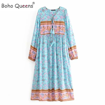 Женские элегантные платья Boho Queens на шнуровке с цветочным принтом и кисточками, пляжное богемное платье миди, женское платье из вискозы
