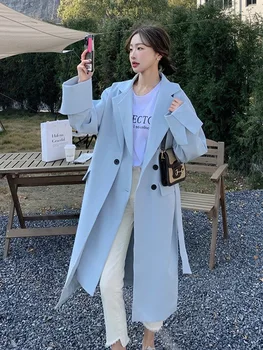 Женский однобортный длинный плащ SuperAen синего цвета, весна-осень 2023, новое длинное пальто в корейском стиле в корейском стиле