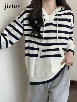 Женский свитер в темно-синюю полоску, Корейский Новый модный Свободный вязаный свитер с капюшоном, Винтажный Женский пуловер с длинным рукавом, мягкий