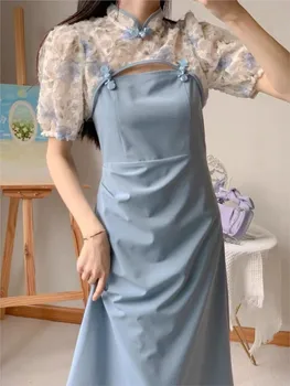 Женский элегантный комплект миди-платья, лето 2023, новое платье с принтом в китайском стиле и дизайн шали, женские синие платья Vestidos, женские платья