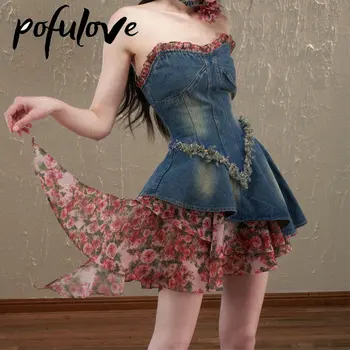 Женское джинсовое платье без бретелек, короткое платье в стиле пэчворк с цветочным рисунком, летнее платье без рукавов, винтажное джинсовое платье в стиле Y2k, прямая поставка