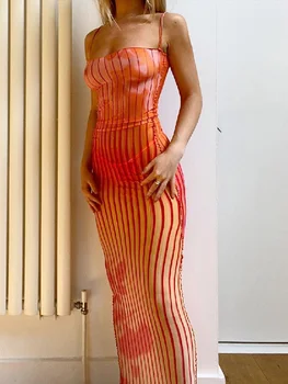 Женское летнее сексуальное вечернее облегающее длинное платье без рукавов на бретельках с полосатым принтом, приталенное коктейльное платье